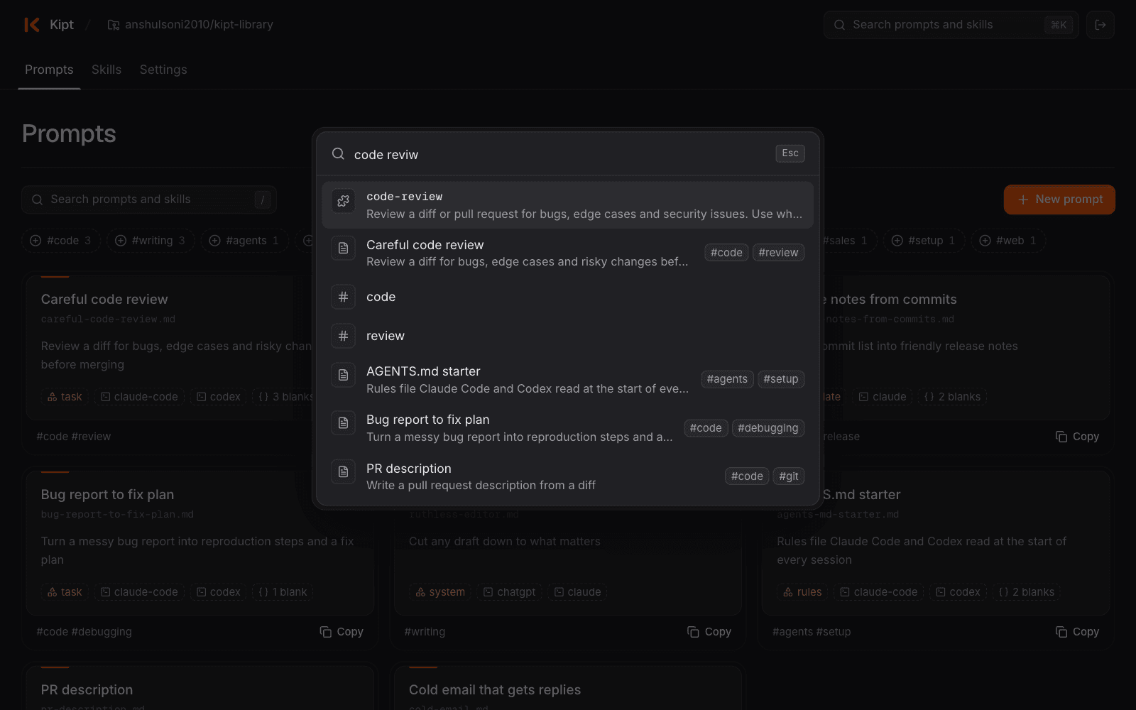The search box finding a code review skill and prompt from a misspelled query.